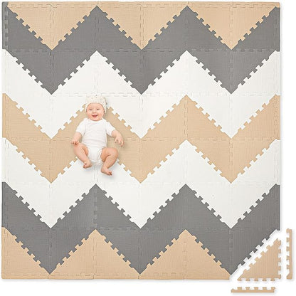Play Platoon Non-Toxic Extra-Thick 96 Piece Triangle Play Mat - Comfortable 6x6ft Cushiony Foam Floor Puzzle Exercise Mat for Kids & Toddlers - Sand, Gray & Cream