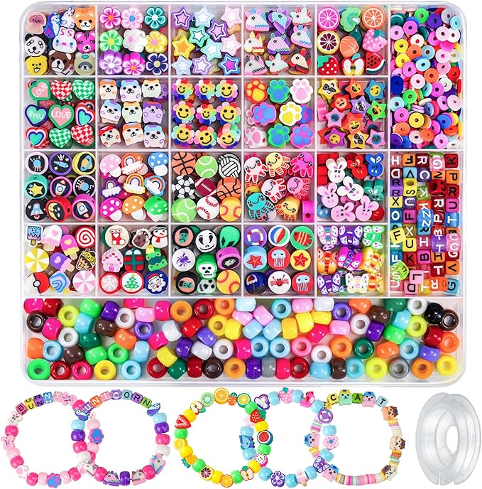 Gionlion 1200 Pcs Polymer Clay Beads Bracelet Making Kit, 25 Style Animal Fruit Flower Butterfly Bunny Pony Letter Beads Charms for Jewelry Making, DIY Art and Crafts Toys Gifts for 4+ Year Old Kids
