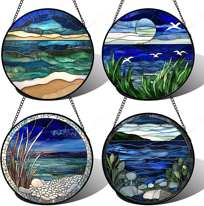 AMDERVEN Stained Glass Window Hanging 4 Pcs Set Navy Blue Ocean Landscape Large