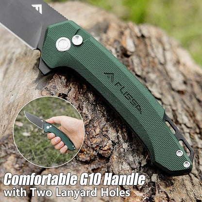 FLISSA Pocket Folding Knife, 3.2??D2 Blade G10 Handle EDC Knife with Button Lock and Pocket Clip for Hunting, Camping, Survival, Outdoor Activities(Green)