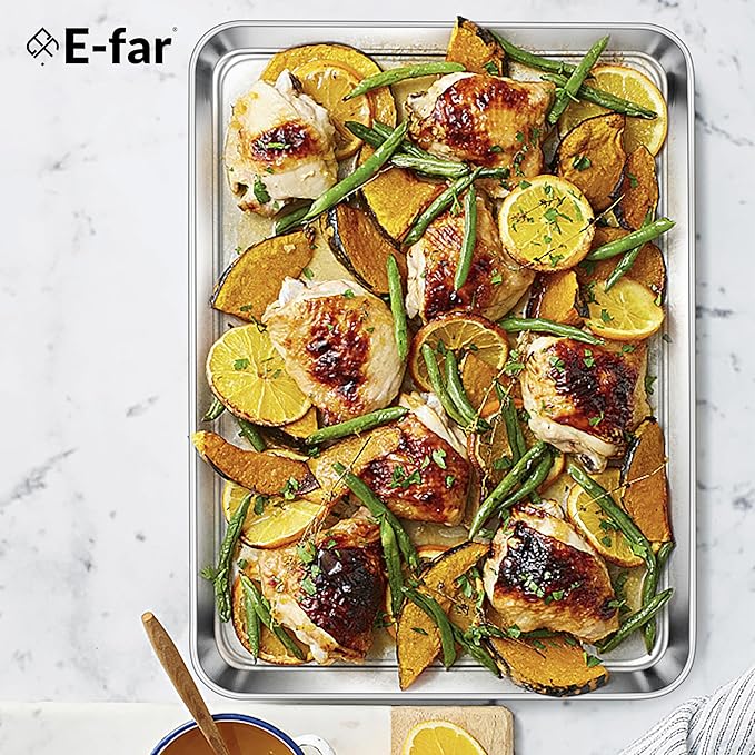E-far Baking Sheets Set of 4, 16” x12” x 1” Stainless Steel Cookie Sheets Pans