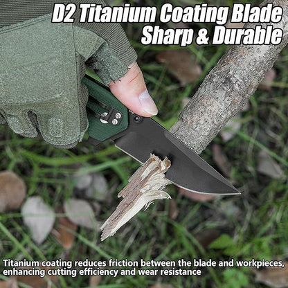 FLISSA Pocket Folding Knife, 3.2??D2 Blade G10 Handle EDC Knife with Pocket Clip Liner Lock for Hunting, Camping, Survival, Outdoor Activities(Green)