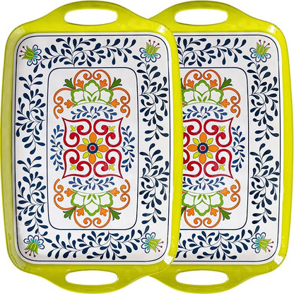 Large Serving Platter with Handles,19”x12”Large Rectangular Melamine Serving Tray Set of 2, Kitchen Food and BBQ Serving Platter, Talavera Grilling Prep and Serve Tray, Dishwasher Safe