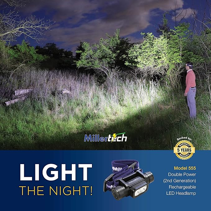 #555 - Double Power - Rechargeable CREE LED Headlamp, 1800 Lumens, USB-C Charging, IPX6 Waterproof, Stepless Dimming, Includes USB Cable and Power Bank