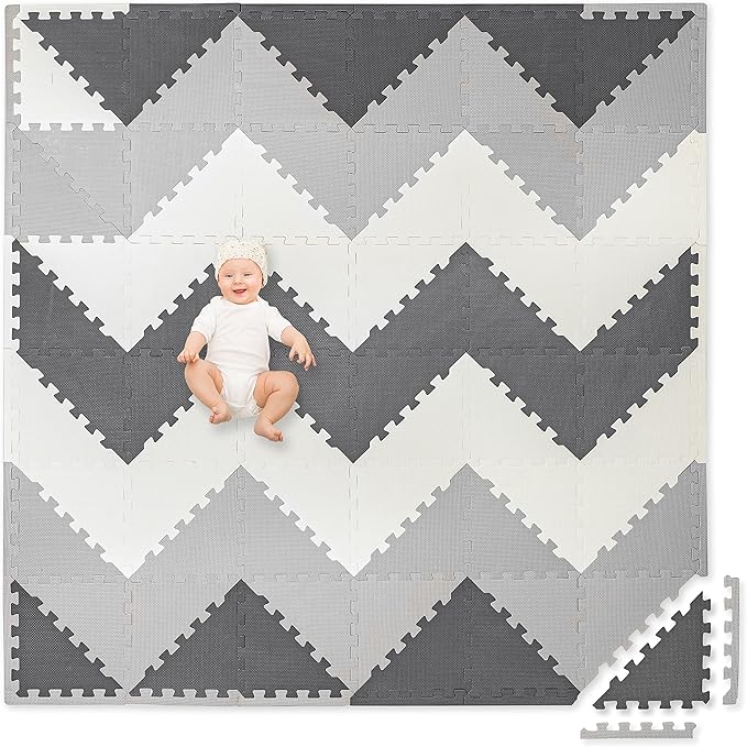 Play Platoon Non-Toxic Extra-Thick 96 Piece Triangle Play Mat - Comfortable 6x6ft Cushiony Foam Floor Puzzle Exercise Mat for Kids & Toddlers - Gray & Cream