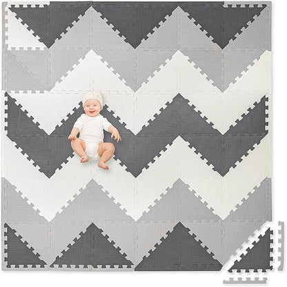 Play Platoon Non-Toxic Extra-Thick 96 Piece Triangle Play Mat - Comfortable 6x6ft Cushiony Foam Floor Puzzle Exercise Mat for Kids & Toddlers - Gray & Cream