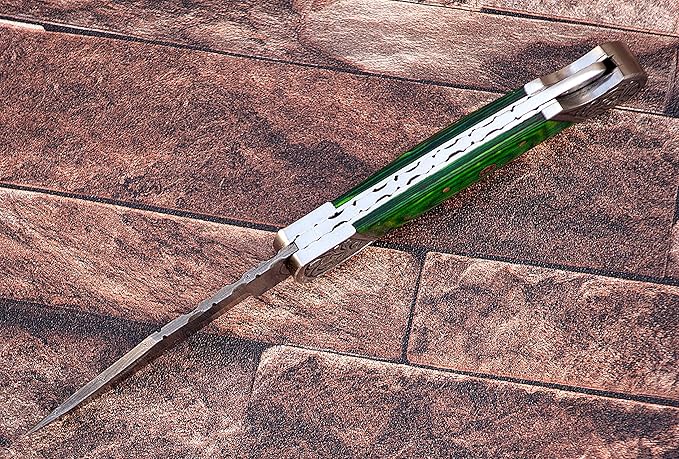 9" long Folding Knife, Bull Horn Scale with Engraved steel bolster, custom made 4" Hand Forged Damascus steel blade Cow hide leather sheath with belt loop (Bull Horn) (Parrot green)