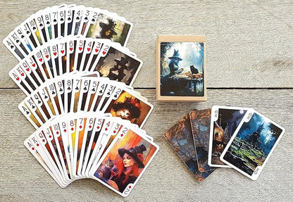 Wicca Witch Playing Cards (Poker Deck 54 Cards All Different) Elegant Witch Ladies with Black Cats Drinking Wine on Cemetery Vintage Illustration