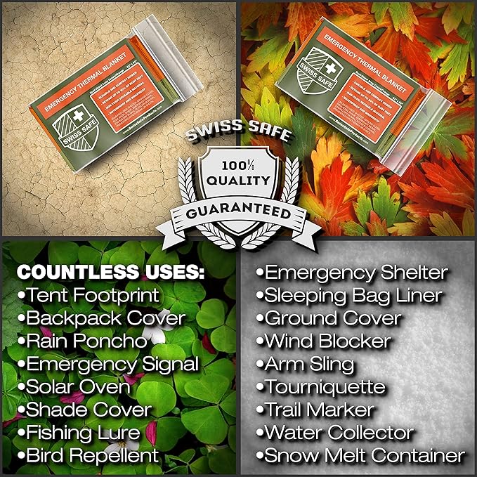 Swiss Safe 4 Pack Mylar Emergency Blankets for Survival - Compact & Insulated for Cold Weather - Designed for NASA, Outdoor, Running, Camping, Survival, First Aid Car Kit - Orange & Green, 4 Pack