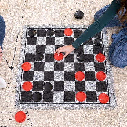 3-in-1 Vintage Giant Checkers Set, Tic Tac Toe with Reversible Mat, 24 Jumbo Chips, Family Board Game, Lawn Game, BBQ Party Favor, Indoor and Outdoor Activity for Kids and Adults